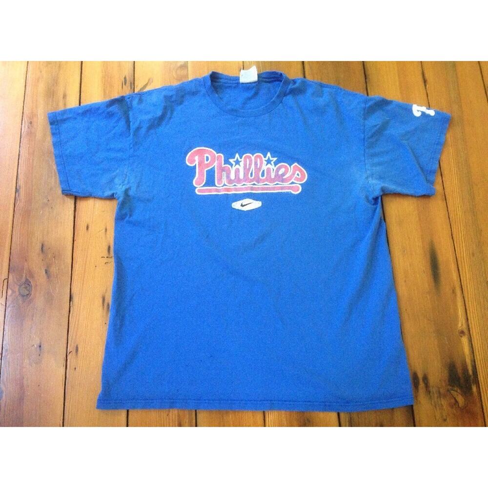 NIKE Phillies Baseball Distressed Logo Blue 100% Cotton T-Shirt XL 48"